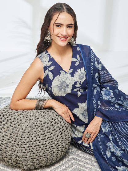 Janasya Women's Navy Blue Pure Cotton Floral Printed Straight Kurta Set