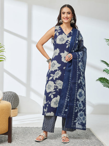Janasya Women's Navy Blue Pure Cotton Floral Printed Straight Kurta Set