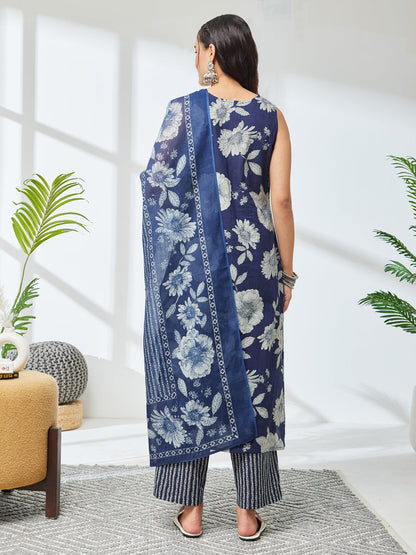 Janasya Women's Navy Blue Pure Cotton Floral Printed Straight Kurta Set