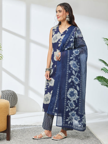 Janasya Women's Navy Blue Pure Cotton Floral Printed Straight Kurta Set
