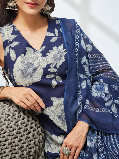 Janasya Women's Navy Blue Pure Cotton Floral Printed Straight Kurta Set