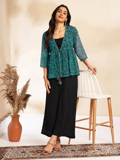 Janasya Women's Navy Blue Chiffon Solid Shoulder Strap Crop Top with Trouser & Floral Printed Shrug