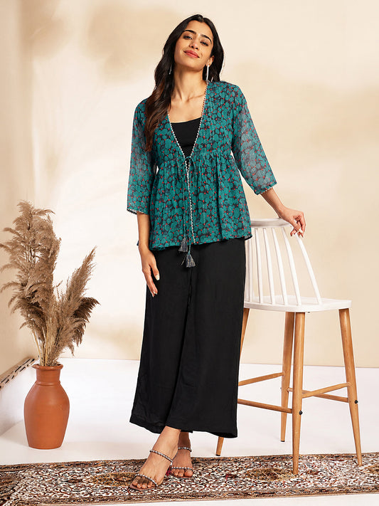 Janasya Women's Navy Blue Chiffon Solid Shoulder Strap Crop Top with Trouser & Floral Printed Shrug