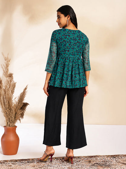 Janasya Women's Navy Blue Chiffon Solid Shoulder Strap Crop Top with Trouser & Floral Printed Shrug