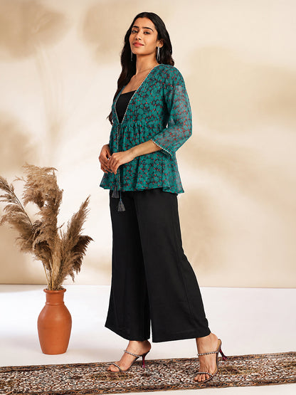 Janasya Women's Navy Blue Chiffon Solid Shoulder Strap Crop Top with Trouser & Floral Printed Shrug