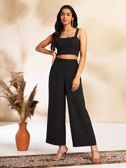 Janasya Women's Navy Blue Chiffon Solid Shoulder Strap Crop Top with Trouser & Floral Printed Shrug