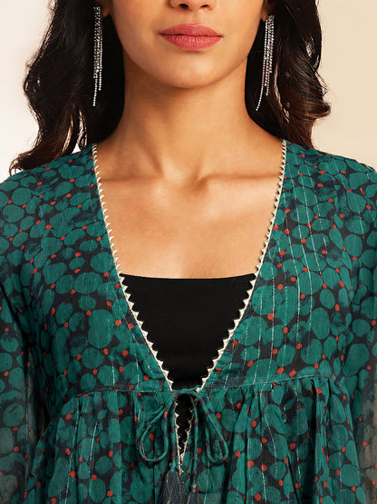 Janasya Women's Navy Blue Chiffon Solid Shoulder Strap Crop Top with Trouser & Floral Printed Shrug