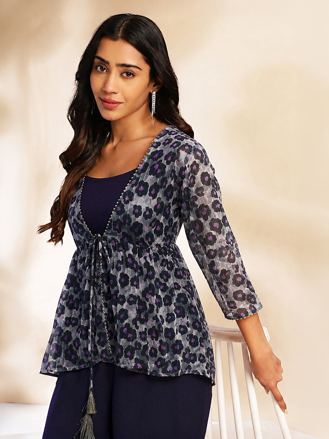 Janasya Women's Black Chiffon Solid Shoulder Strap Crop Top with Trouser & Floral Printed Shrug