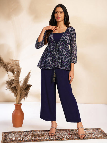 Janasya Women's Black Chiffon Solid Shoulder Strap Crop Top with Trouser & Floral Printed Shrug