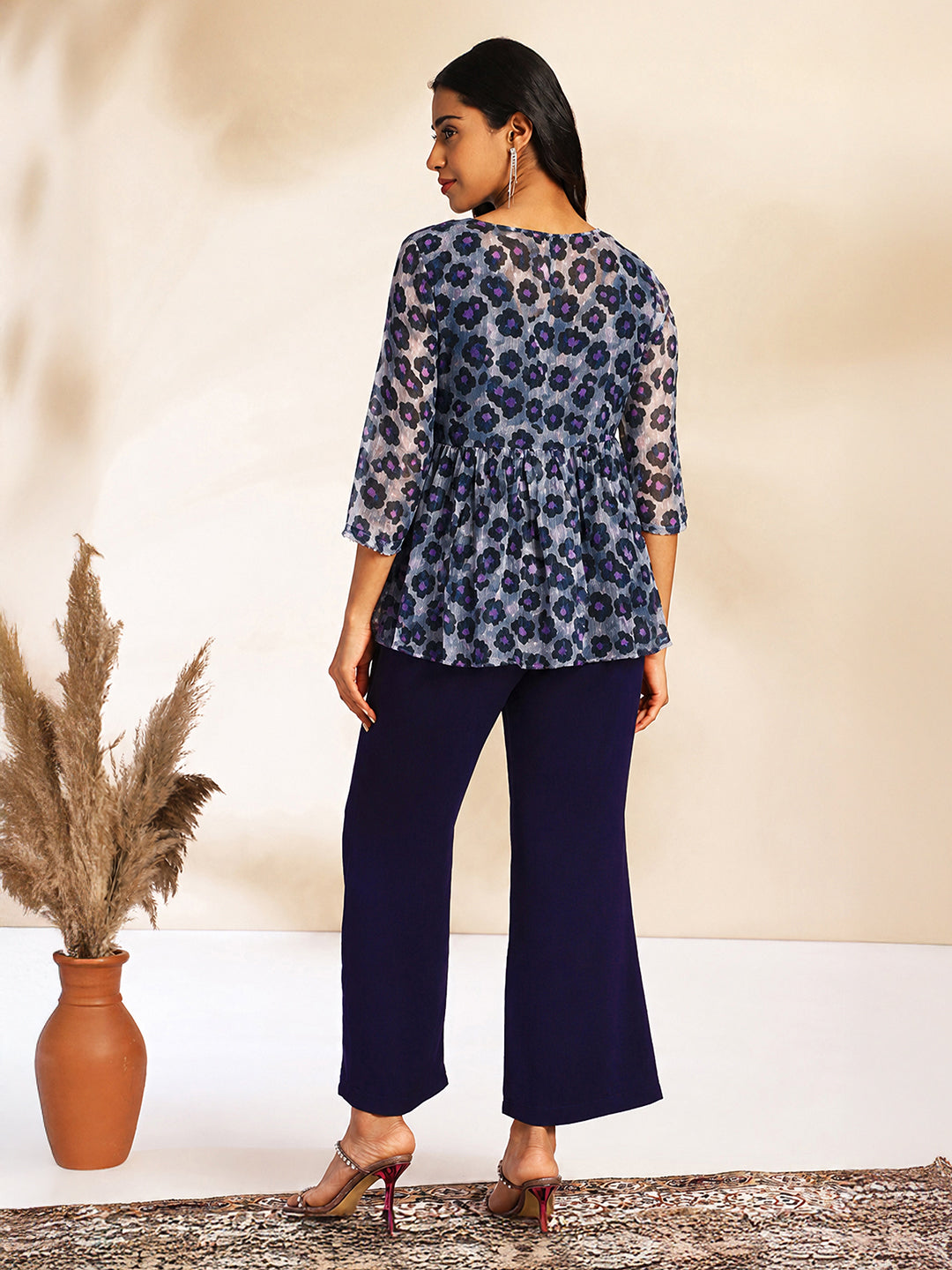 Janasya Women's Black Chiffon Solid Shoulder Strap Crop Top with Trouser & Floral Printed Shrug