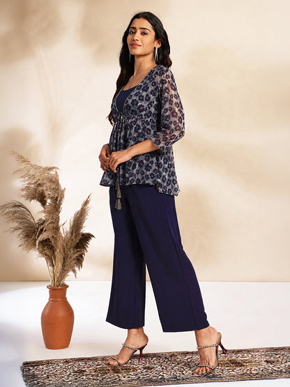 Janasya Women's Black Chiffon Solid Shoulder Strap Crop Top with Trouser & Floral Printed Shrug