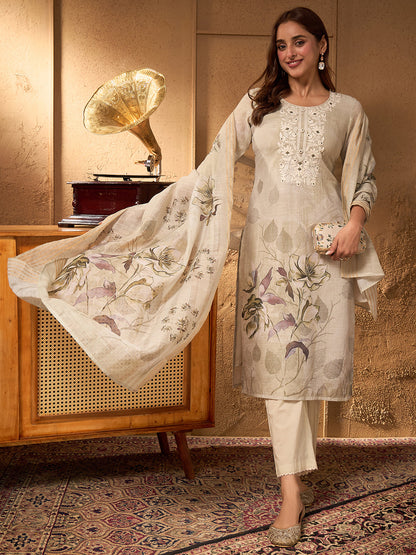 Janasya Women's Mint Green Cotton Linen Floral Embroidered Straight Kurta Set