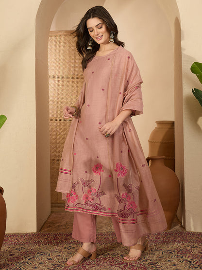 Janasya Women's Dusty Pink Chanderi Cotton Jacquard Floral Woven Straight Kurta Set