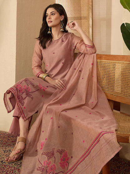 Janasya Women's Dusty Pink Chanderi Cotton Jacquard Floral Woven Straight Kurta Set
