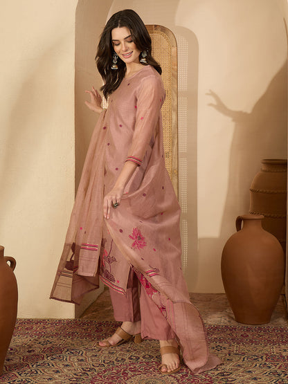 Janasya Women's Dusty Pink Chanderi Cotton Jacquard Floral Woven Straight Kurta Set