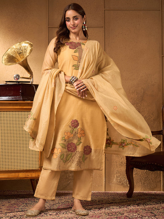 Janasya Women's Beige Chanderi Cotton Floral Jacquard Woven Straight Kurta Set