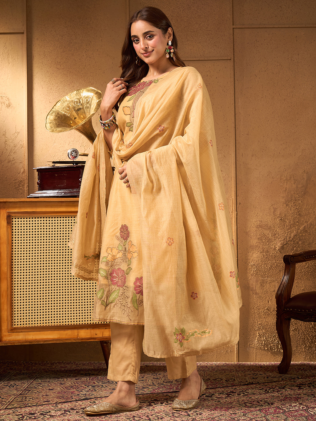 Janasya Women's Beige Chanderi Cotton Floral Jacquard Woven Straight Kurta Set