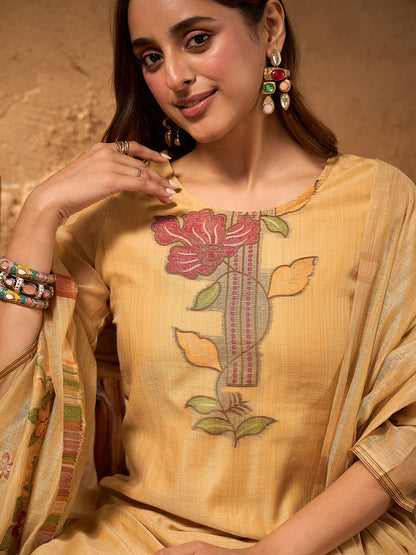 Janasya Women's Beige Chanderi Cotton Floral Jacquard Woven Straight Kurta Set