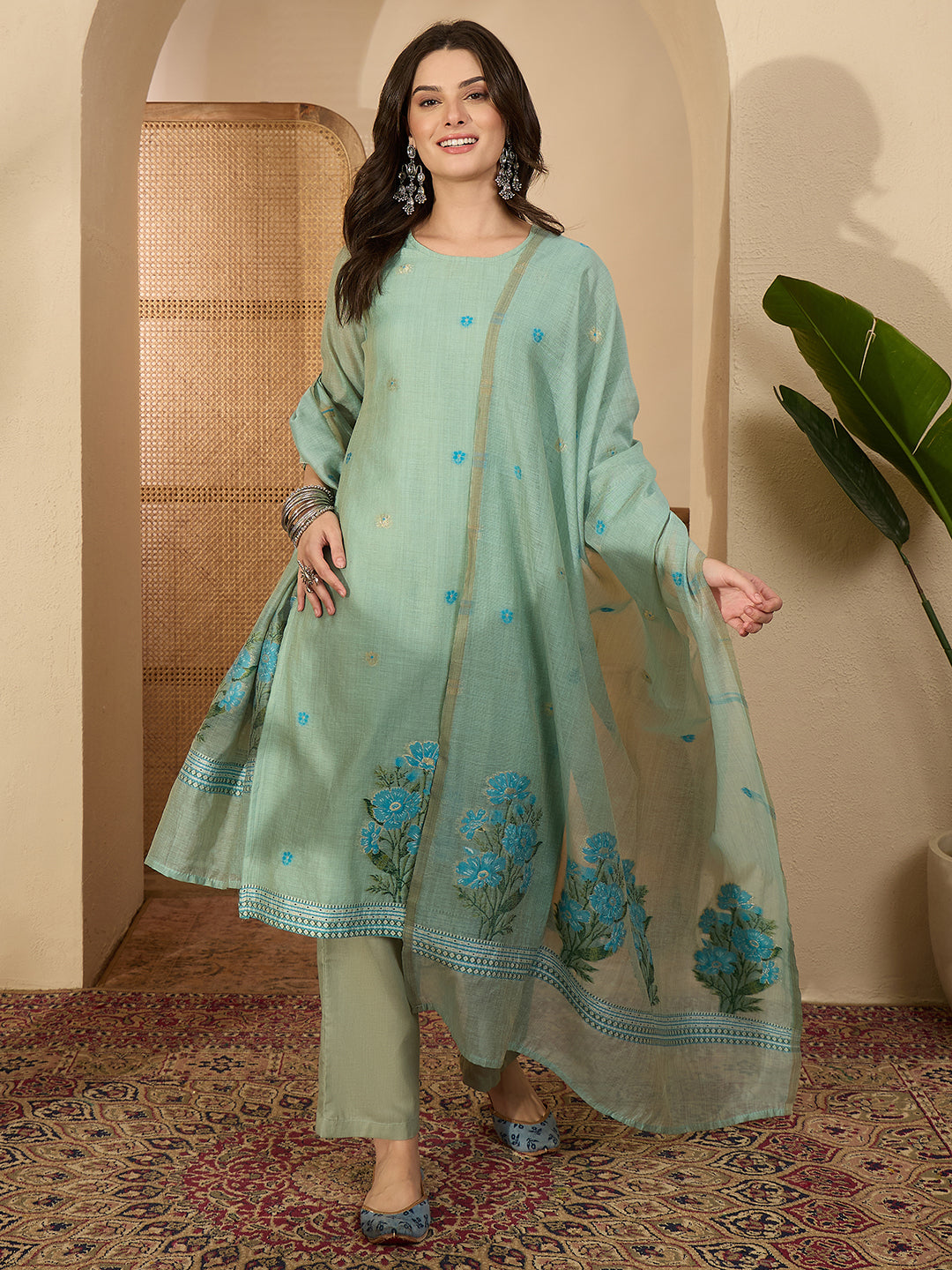 Janasya Women's Sage Green Chanderi Cotton Jacquard Floral Woven Straight Kurta Set