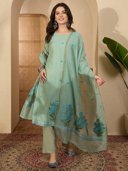 Janasya Women's Sage Green Chanderi Cotton Jacquard Floral Woven Straight Kurta Set
