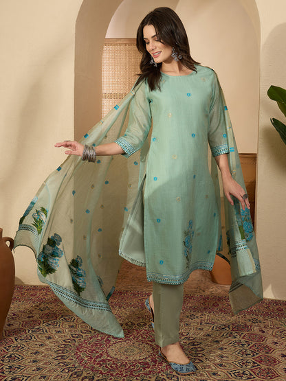Janasya Women's Sage Green Chanderi Cotton Jacquard Floral Woven Straight Kurta Set