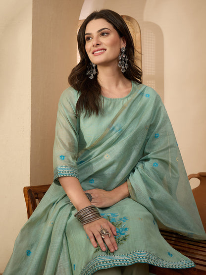 Janasya Women's Sage Green Chanderi Cotton Jacquard Floral Woven Straight Kurta Set