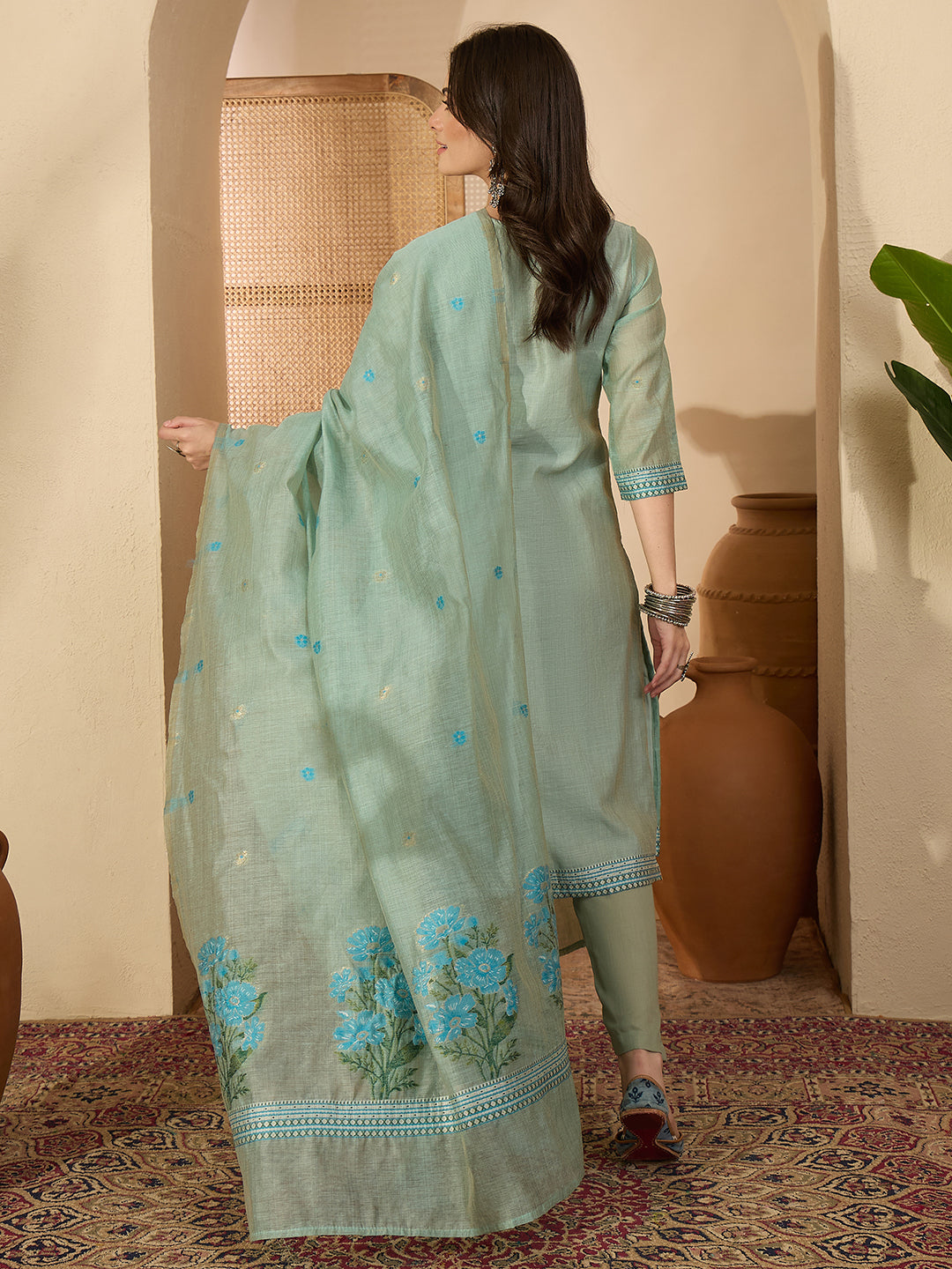 Janasya Women's Sage Green Chanderi Cotton Jacquard Floral Woven Straight Kurta Set