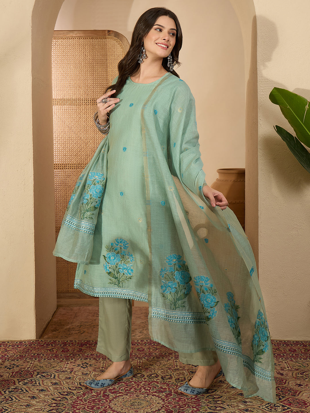 Janasya Women's Sage Green Chanderi Cotton Jacquard Floral Woven Straight Kurta Set