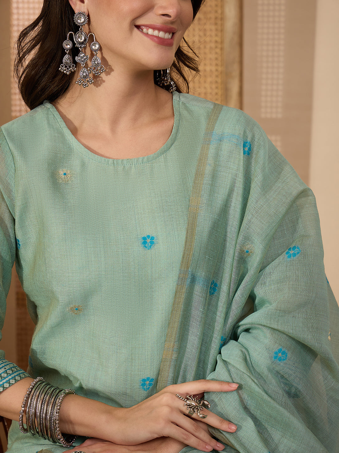 Janasya Women's Sage Green Chanderi Cotton Jacquard Floral Woven Straight Kurta Set