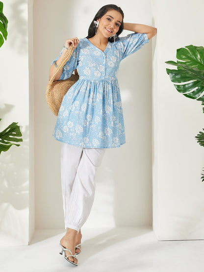 Janasya Women's Powder Blue Pure Cotton Floral Printed A-Line Top