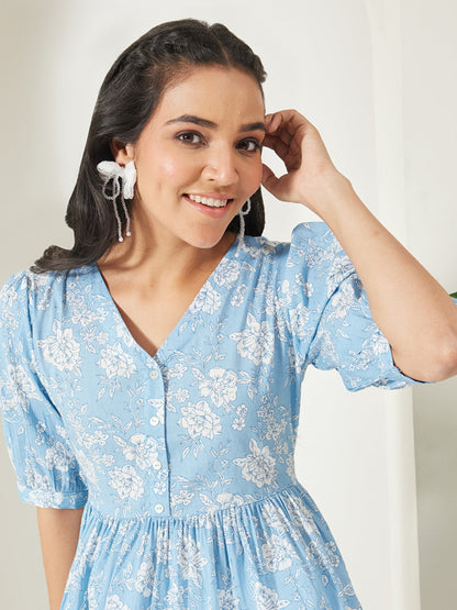 Janasya Women's Powder Blue Pure Cotton Floral Printed A-Line Top