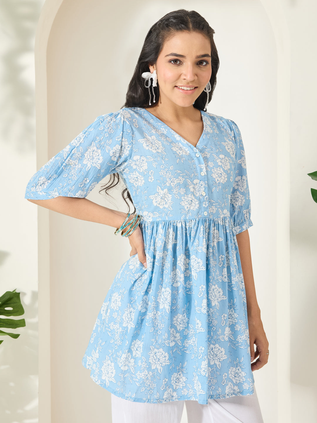 Janasya Women's Powder Blue Pure Cotton Floral Printed A-Line Top