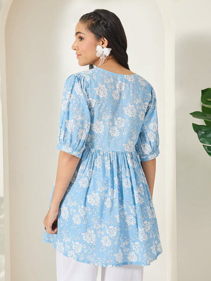 Janasya Women's Powder Blue Pure Cotton Floral Printed A-Line Top