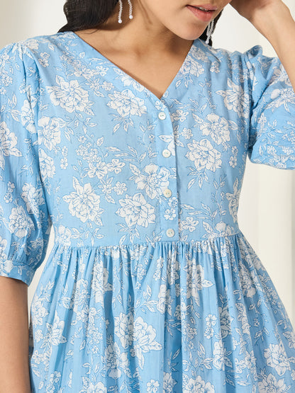 Janasya Women's Powder Blue Pure Cotton Floral Printed A-Line Top