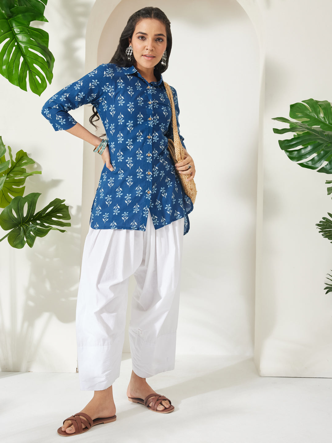 Janasya Women's Indigo Pure Cotton Floral Printed Shirt Style Top