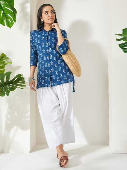 Janasya Women's Indigo Pure Cotton Floral Printed Shirt Style Top