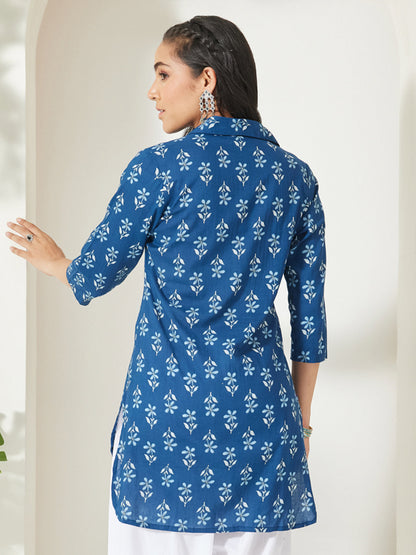 Janasya Women's Indigo Pure Cotton Floral Printed Shirt Style Top
