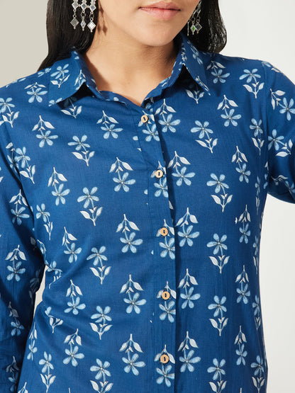 Janasya Women's Indigo Pure Cotton Floral Printed Shirt Style Top
