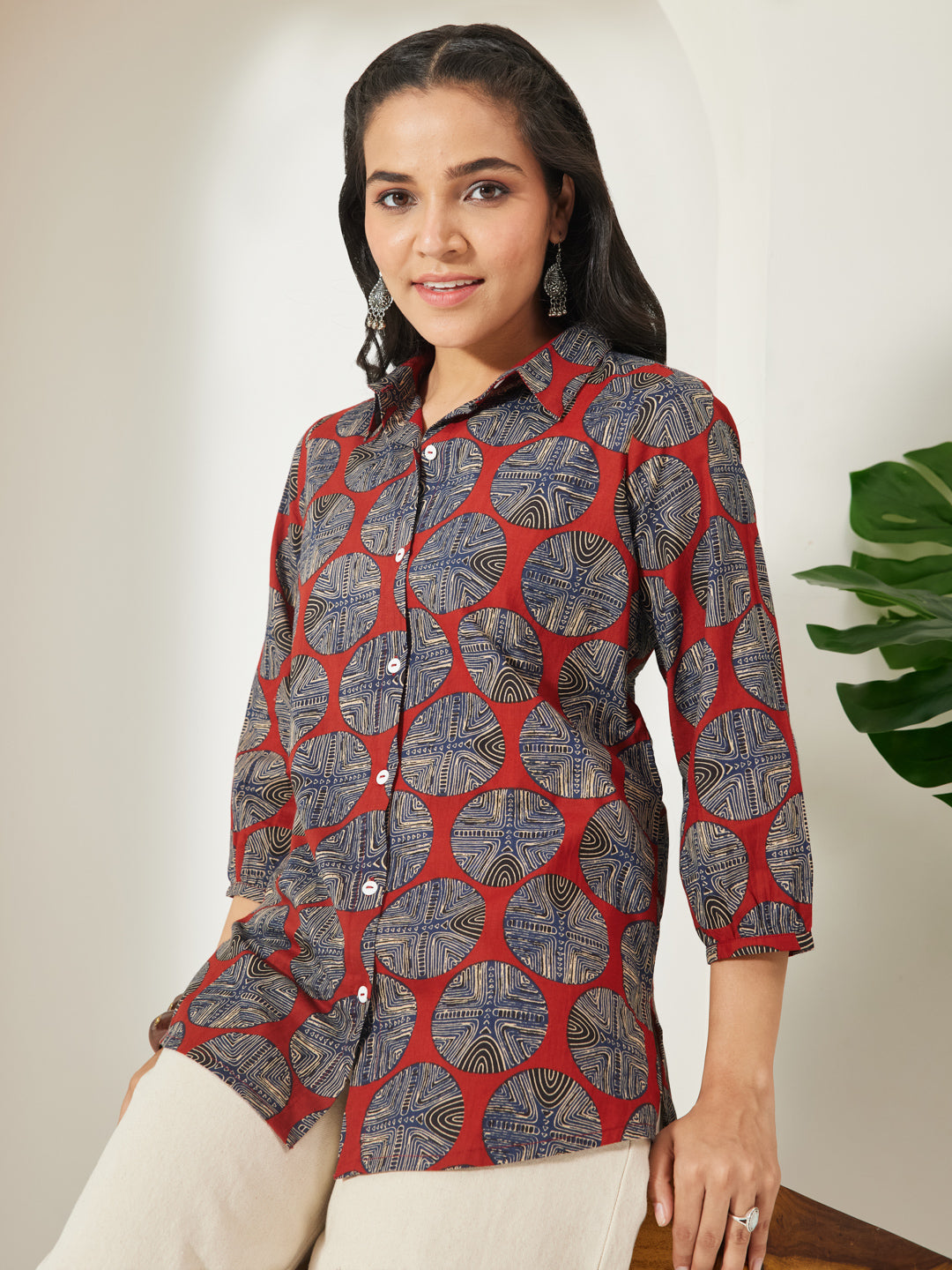 Janasya Women's Rust Pure Cotton Geometric Printed Shirt Style Top