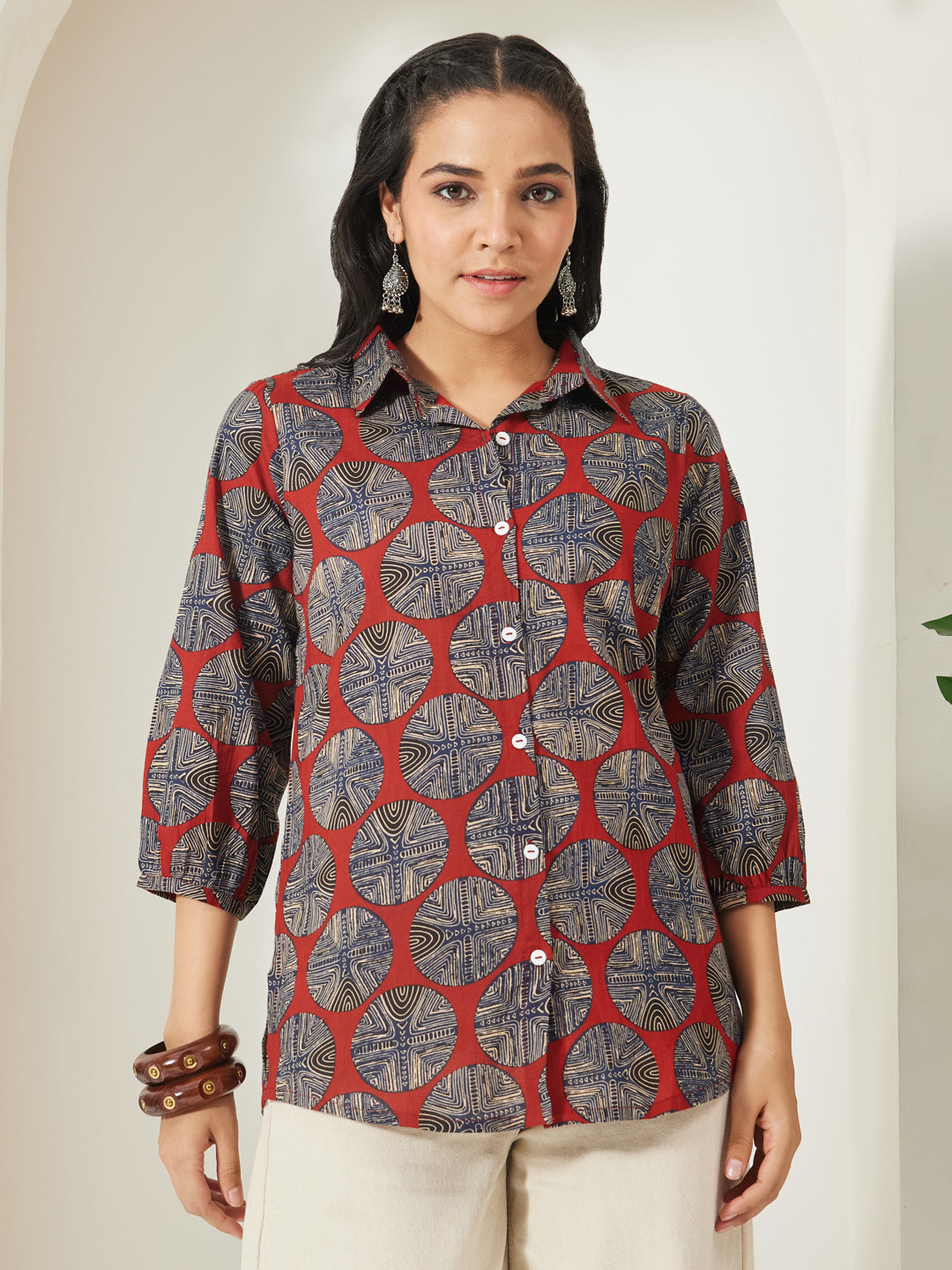 Janasya Women's Rust Pure Cotton Geometric Printed Shirt Style Top