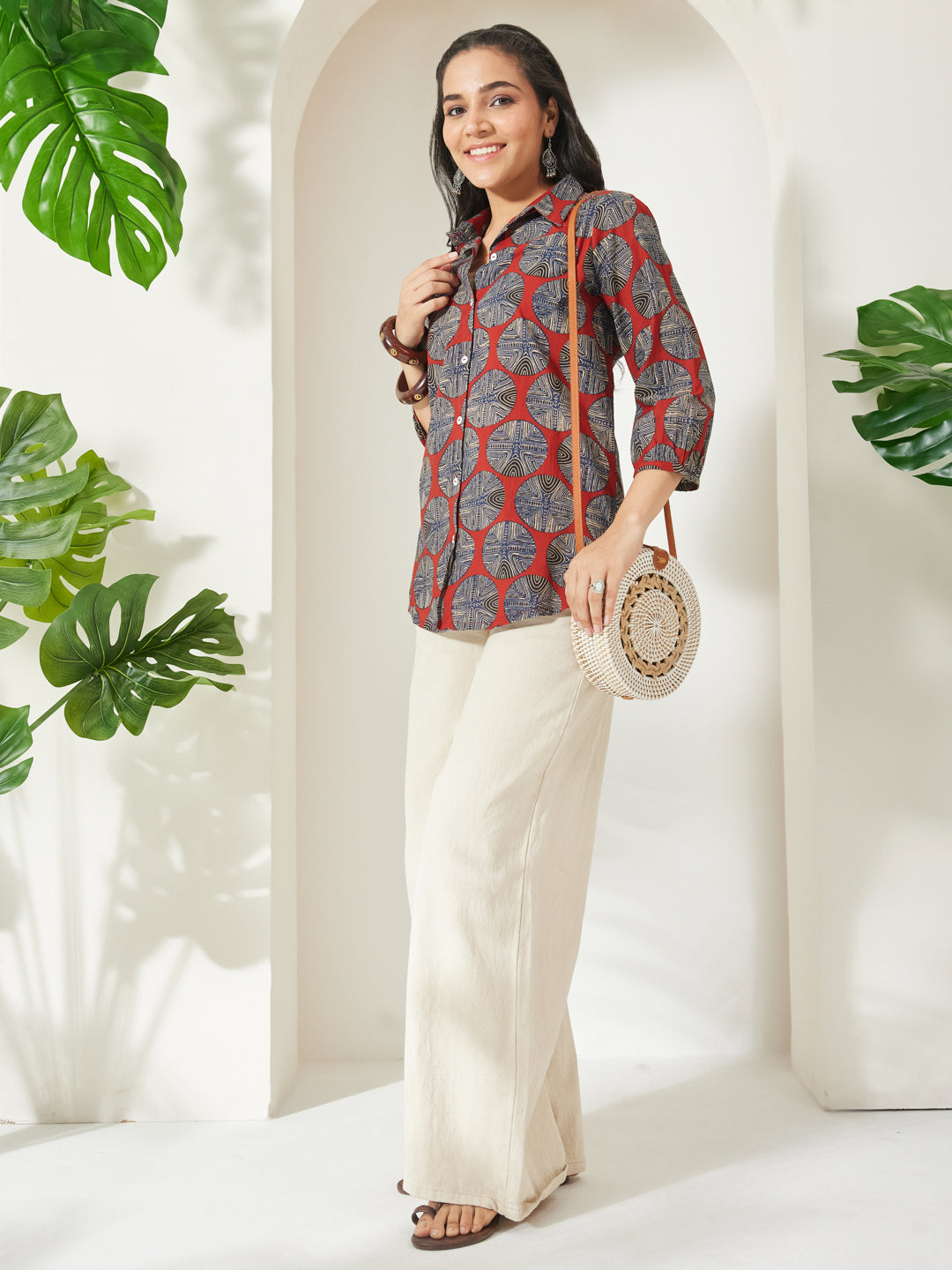 Janasya Women's Rust Pure Cotton Geometric Printed Shirt Style Top