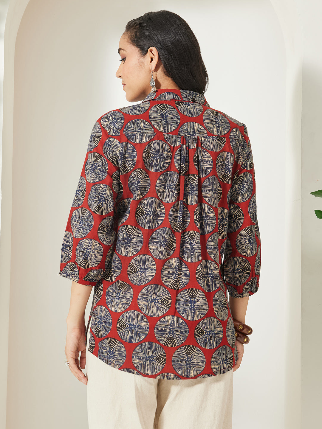 Janasya Women's Rust Pure Cotton Geometric Printed Shirt Style Top