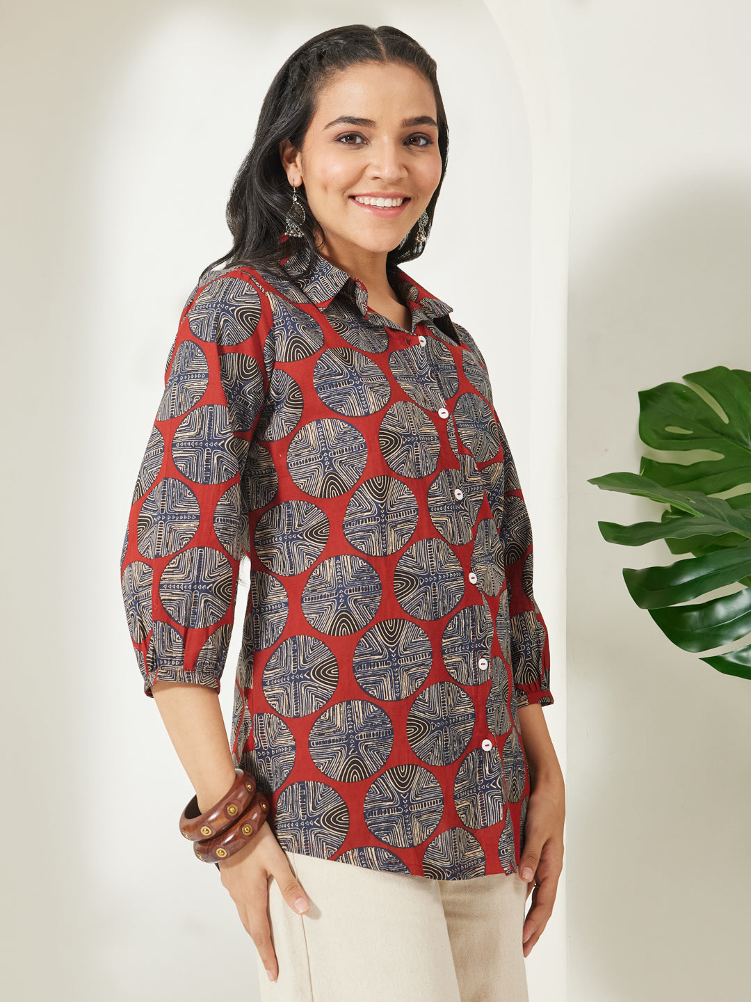 Janasya Women's Rust Pure Cotton Geometric Printed Shirt Style Top