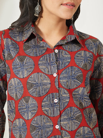 Janasya Women's Rust Pure Cotton Geometric Printed Shirt Style Top