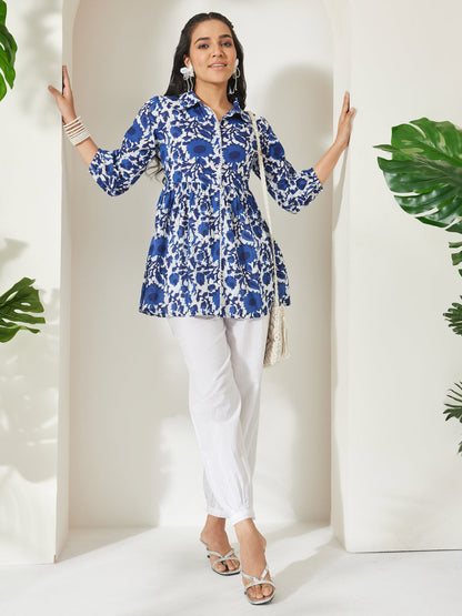 Janasya Women's Blue Pure Cotton Abstract Printed Gathered Top