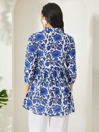 Janasya Women's Blue Pure Cotton Abstract Printed Gathered Top