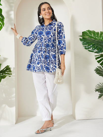 Janasya Women's Blue Pure Cotton Abstract Printed Gathered Top