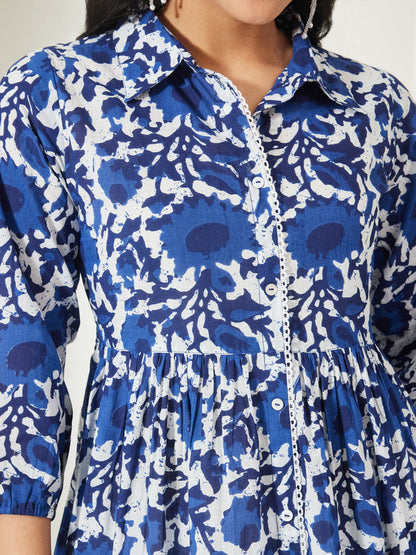 Janasya Women's Blue Pure Cotton Abstract Printed Gathered Top