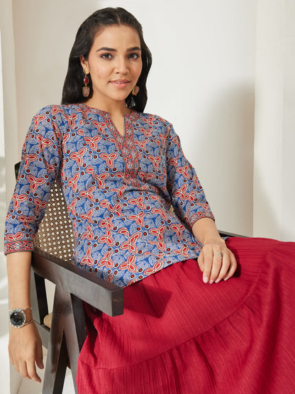 Janasya Women's Blue Pure Cotton Geometric Printed A-Line Top