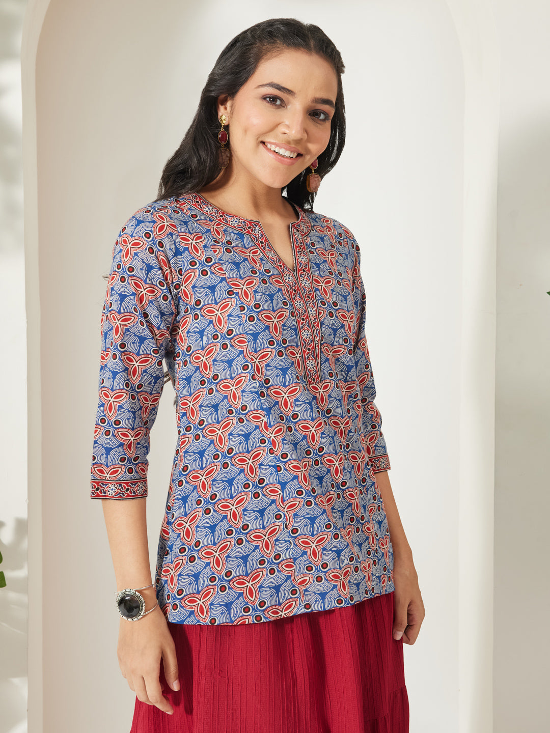 Janasya Women's Blue Pure Cotton Geometric Printed A-Line Top